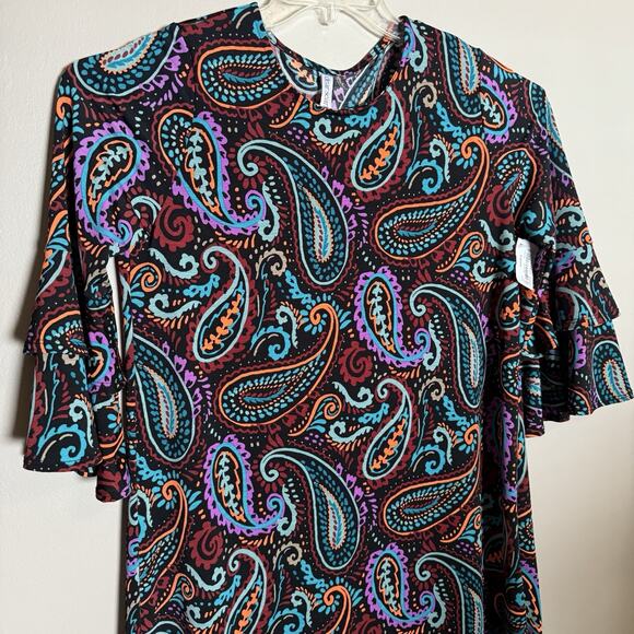 Dear Scarlett Dress Black W/Multi Paisley Design, 3/4 Ruffle Sleeve Small, NWT - Picture 3 of 8
